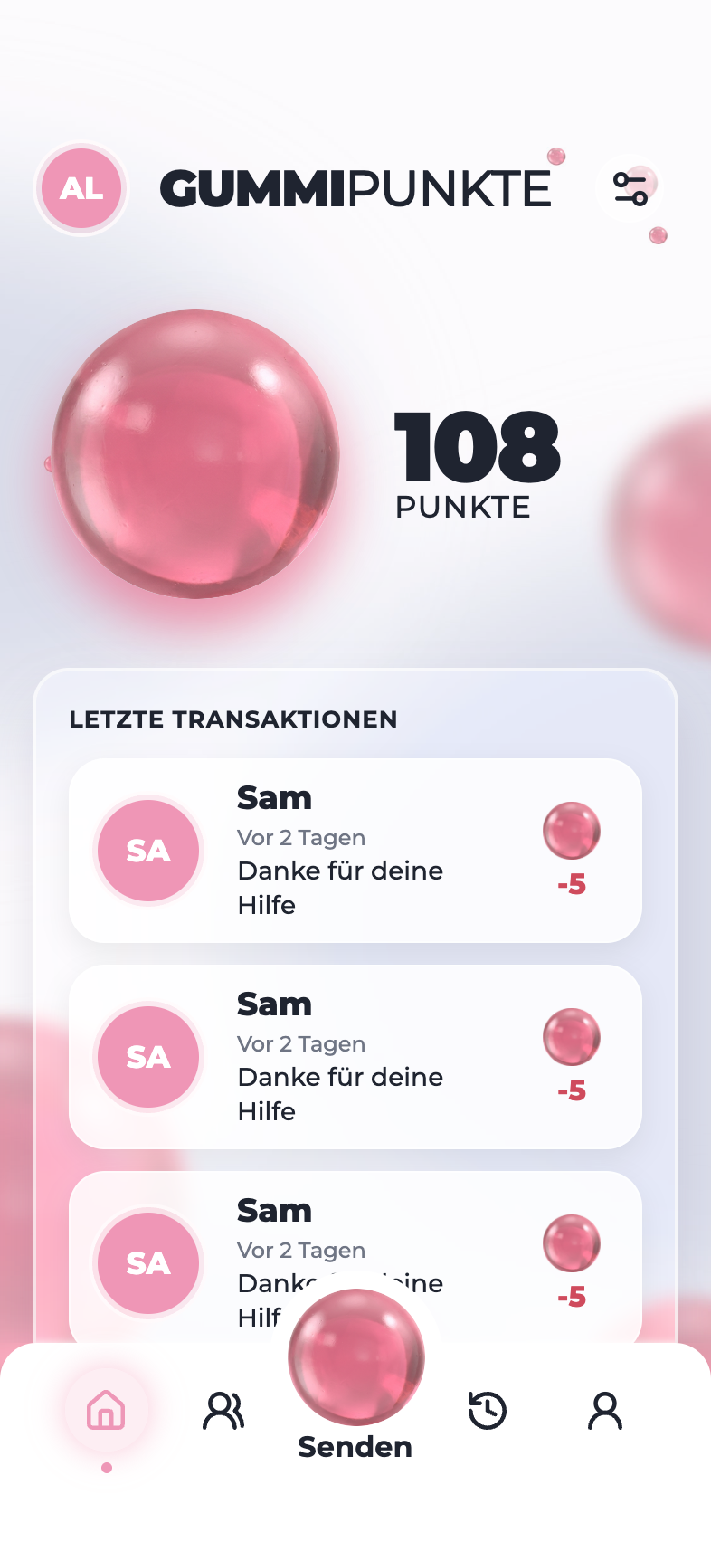 Startseite der Gummipunkte-App mit Punktestand und letzten Transaktionen