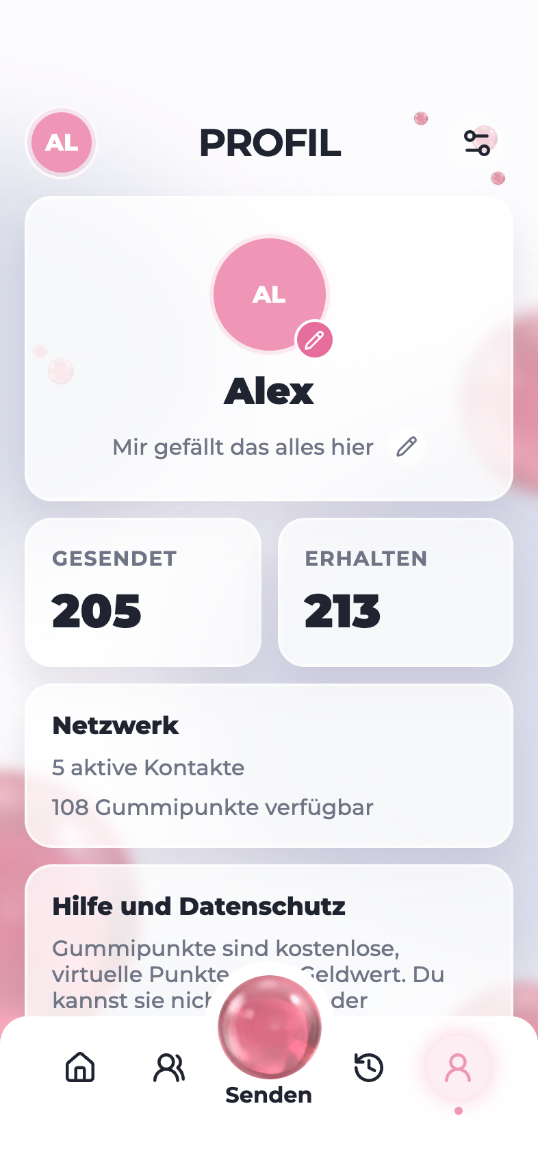 Profilansicht der Gummipunkte-App mit gesendeten und erhaltenen Punkten